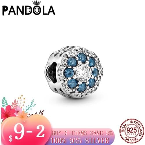 Hot Hot Sale 925 Sterling Silver Beads Blue Sparkle Flower Charm Fit Original Pandora Bracelet Silver 925 Jewelry