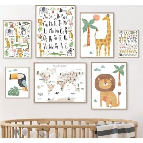 Cartoon Baby Lion Giraffe ABC Letter Number Wall Art Canvas Painting Nordic Posters And Prints Wall Pictures For Kids Room Decor
