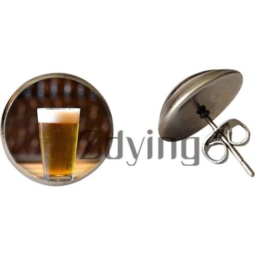 ZDYING Korean Trendy Beer Cup Stud Earring Glass Cabochon Photo Earring For Woman Men Party Hiphop Stainless Steel Jewelry WH001