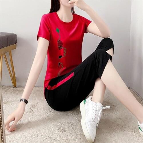 Fashion Print Sweat Suit 2 Piece Sets Women Big Size Korean Short Sleeve T-Shirt Tops + Pants Tracksuit Summer 4XL