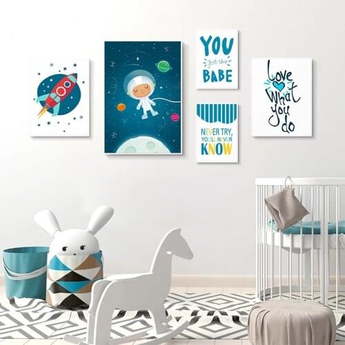 Cartoon Astronaut Cosmos Sun Planet Baby Nursery Canvas Print Posters Kids Inspiring Quotes Painting Wall Pictures Room Decor