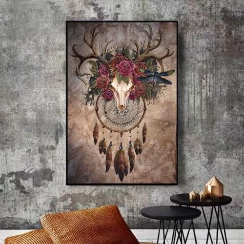 Poster Skull Animals Pictures On The Wall Canvas Deer with Flower Vintage Paintings for Home Design Posters and Prints