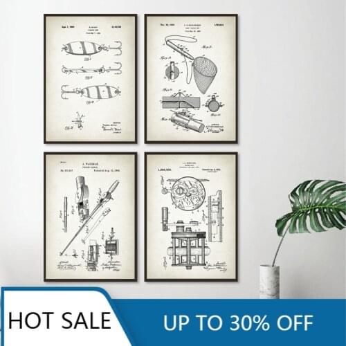 Vintage Fishing Lure Patent Chart Vintage Wall Art Canvas Painting Poster Rod Hooks Angling Fish Kinds Prints Room Decor Gifts