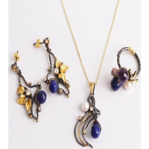 Woman Handmade Oval Blue Lapis Lazuli and Purple Zircon Pearl 925 Silver Jewelry Set, Lapis Lazuli ring, Lapis Lazuli