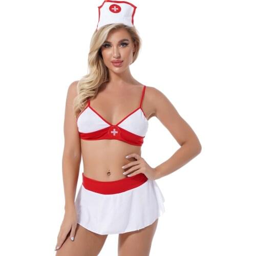 Women Nurse Role Play Cosplay Outfits Lingerie Set Honeymoon Gift Nightwear Unlined Bra With Mini Skirt Hair Hoop G-String