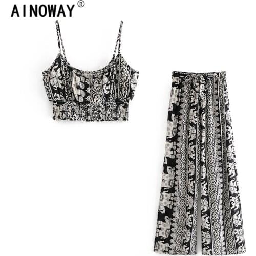 Vintage chic Women two piece outfits strap Sleeveless tops Bohemian sashes pants 2 pieces rayon cotton Boho sets