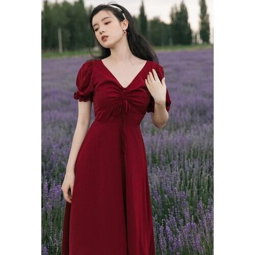 Womens Bowknot Drawstring V-neck Sexy Temperament Dress Puff Sleeve Summer Wine Red Thin Retro Midi Dress