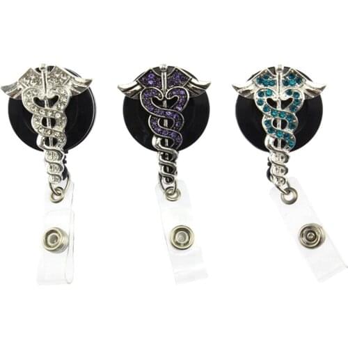 10pcs/lot Retractable Sparkly Purple Rhinestone Wings ID Badge Holder Reel For Nurse Doctor Student Office Supplier