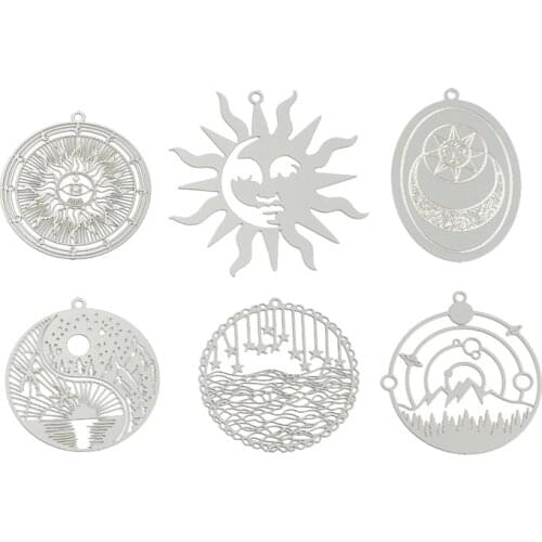 10PCs Hollow Sun Tree Star Moon Filigree Stamping Pendants Stainless Steel Feather Sliver Charms For DIY Jewelry Making
