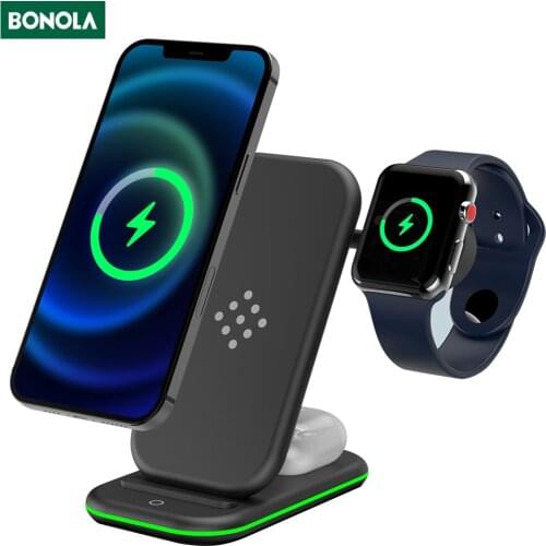 Bonola 3 in 1 Fast Wireless Charger Stand with LED for iPhone 12/11/XS/X Quick Wireless Charger for Apple Watch 6/SE/Airpods Pro