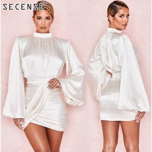 Satin Dress Lantern Sleeve Solid Color White Black Half High Collar Mini Irregular Dress Tight Sexy Party Fashion Women Clothing
