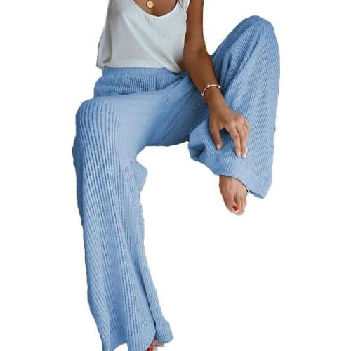 Women Pants High Waist Elastic Waistband Knitted Trousers Women Solid Color Wide Leg Slacks for Spring 2021 брюки женские