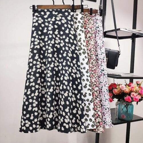 Spring Summer Floral Printed White Black Daisy A-line Long Chiffon Skirts