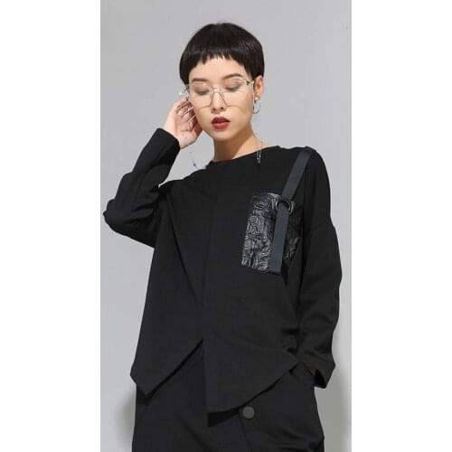 Women Black Buckle Stitch Big Size Asymmetrical T-shirt New Round Neck Long Sleeve Fashion Tide Spring Autumn