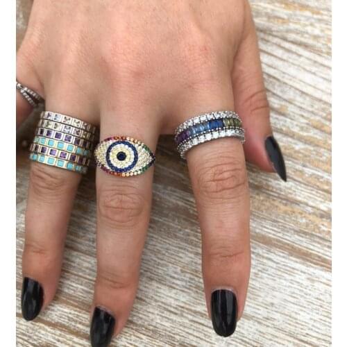 Rainbow colorful cz paved turkish evil eye ring for women Bohemia boho Trendy female jewelry size 5 6 7 8 rings