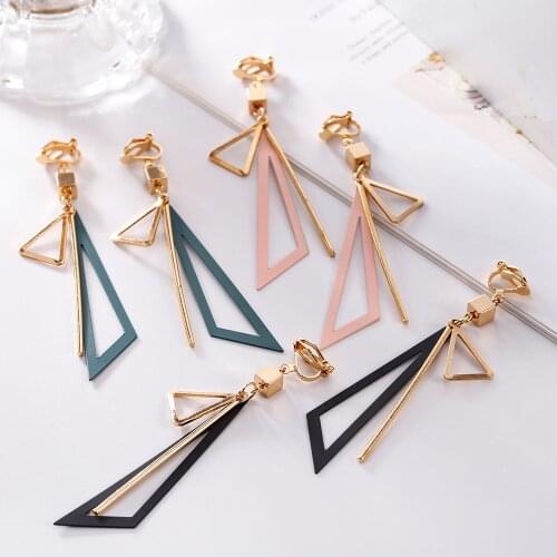Korean Creative Long Statement Geometric Triangle Tassel Clip on Earrings for Women Earings Fashion Jewelry