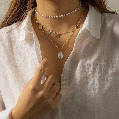 Kpop Multi Layered Imitation Pearl Choker Necklace Collar Boho Sequin Tassel Pendant Necklaces for Women Trend Bohemian Jewelry