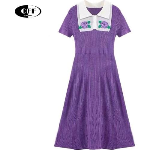 Fashion Korean Knitted Elasticity Midi Dresses Summer Chic Women Purple Flower Short Sleeve Elegant Basic Zevity Ladies Dress ZA