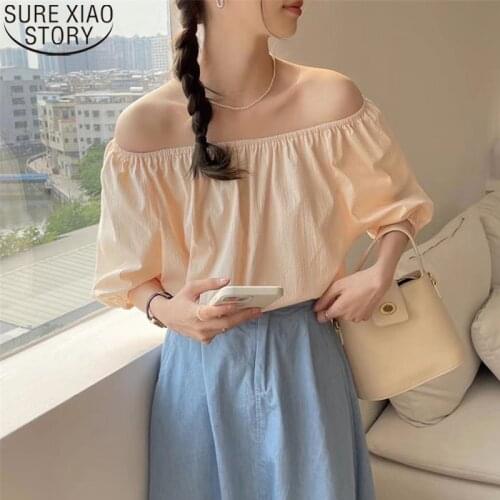 2021 New Summer Blouse Short Sleeve Sweet Women Blouses Slash Neck Off Shoulder Tops Solid Casual Loose Clothes Blusas 14246