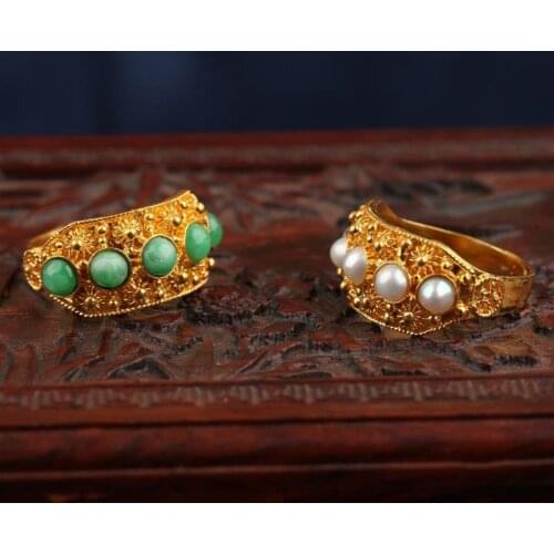 Natural Hetian jasper pearl open ring Chinese retro palace style unique ancient gold craft charm womens silver jewelry