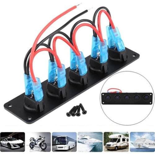 5 Gang Round Blue LED Dash Rocker Toggle Switch Panel for Boat Yacht Marine Car