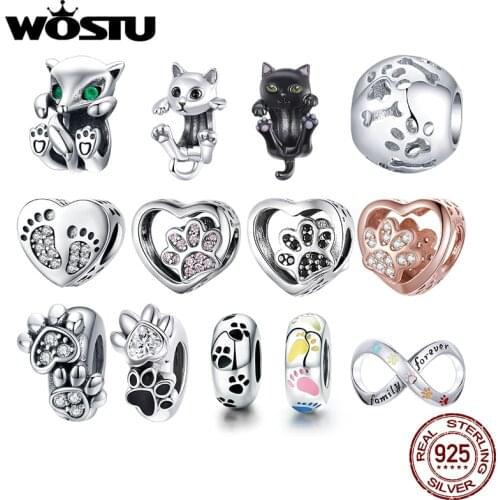 WOSTU Authentic 925 Sterling Silver Hot Sale Pet Footprint Charms Pendant Fit Bracelet Women Fashion DIY Jewelry Gift Making