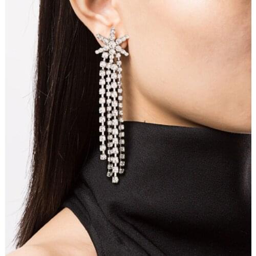 Simple and fashionable full diamond star wild long tassel earrings