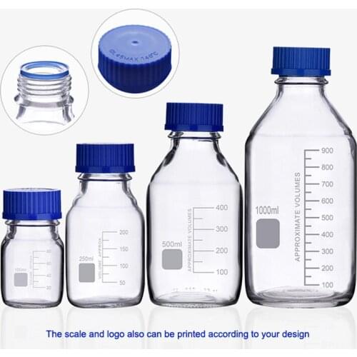 100ml 250ml 500ml 1000ml Clear Laboratory Borosilicate Glass Reagent Bottle with Screw Blue Lid