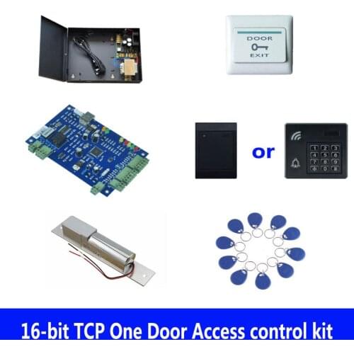 RFID access control kit,TCP one door access control+powercase+electric bolt lock +ID reader+exit button+10 ID tags,sn:kit-B102