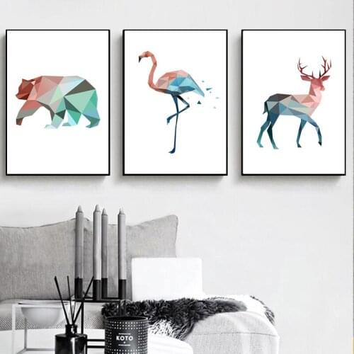 Nordic Geometric Animals Canvas Painting Deer Bear Flamingo Poster Print Wall Art Pictures for Living Room Decor Home Decoration