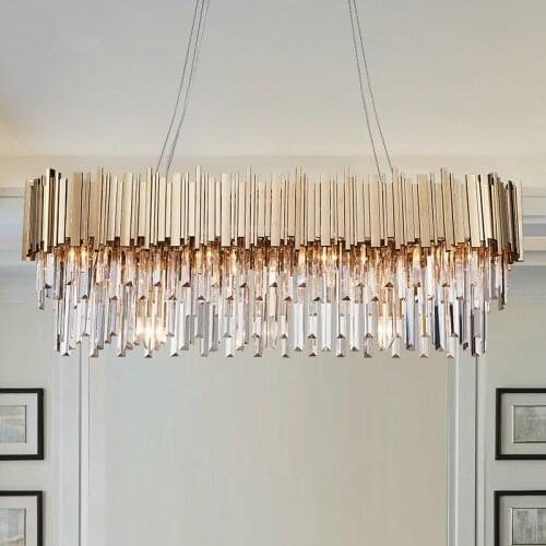 Modern Plated Gold Metal Lustre K9 Crystal Led Pendant Lights E14 Luminarias Dining Room Straight Pendant Lamp Lighting Fixtures