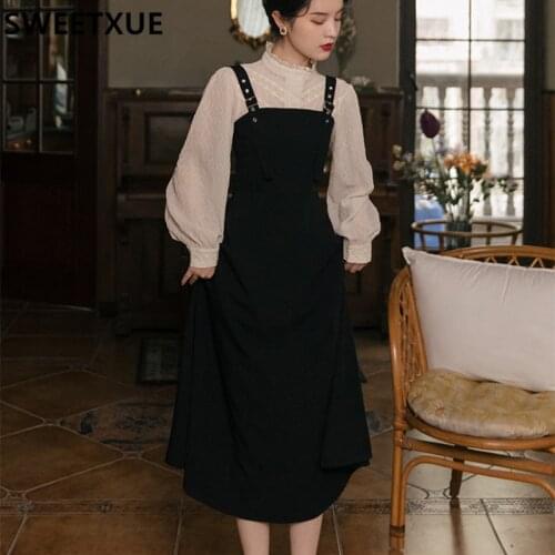 SWEETXUE Black Strap Dress Suit Female Summer Sweet Lace Shirt Blouses + Elegant Vintage Dress Two-Piece Set Femme Outfits
