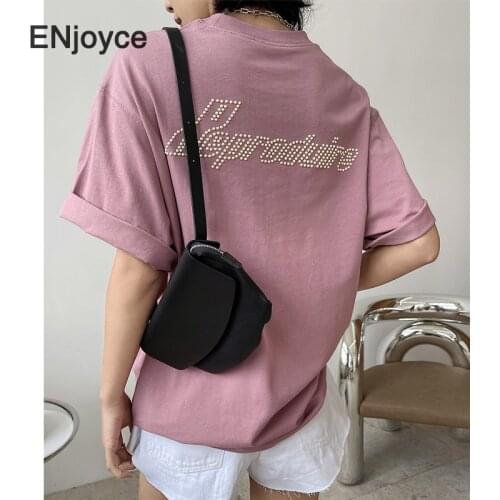 Women Letter Printed Beaded O-Neck Short Sleeve T-Shirt Korean Style Fashion Pullover Loose Cotton Tee Grey Tops Summer 2021