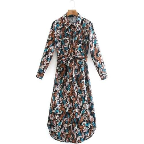 Womens long dress graffiti printed dress long sleeve lapel belt noble holiday dress
