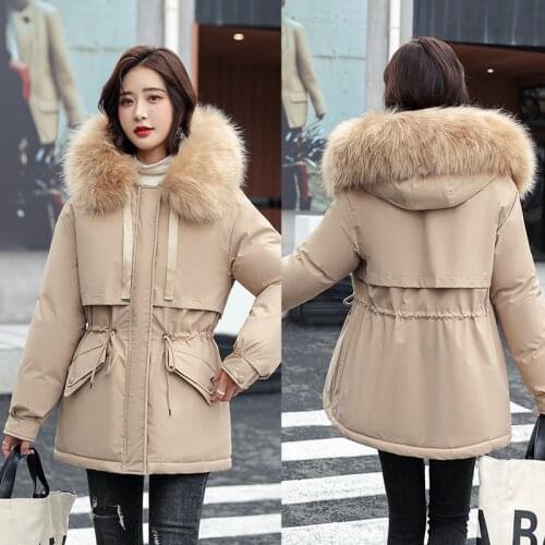 Winter Women Middle Long Cotton Padded Loose Thickened Down Hooded Jacket Fox Fur Thick Parkas Warm Zipper Down Snow Outerwear