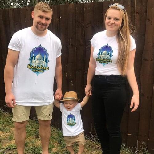 2021 fashion family wear short-sleeved T-shirts, parents and children celebrate Eid al-Fitr cartoon letters and moon pattern top