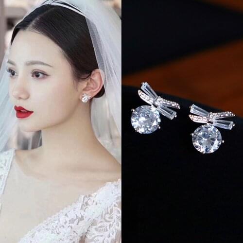 2021 Trendy Sweet Cute Crystal Bow knot Stud Earrings For Women Girls Korean Zircon Stone Stud Earring Jewelry Oorbellen Bijoux