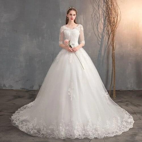 2021 Lace Embroidery Half Sleeve Wedding Dresses Long Train Wedding Gown Belt V Neck Elegant Plus Size Vestido De Noiva