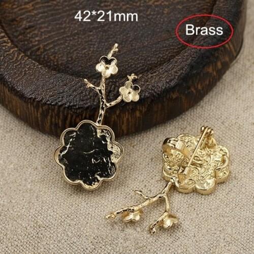 3 Pcs Brass Casting Plum Blossom Brooch Base Setting 42*21mm Wintersweet Flower Blank Brooch For DIY,Gold-color / Silver-color