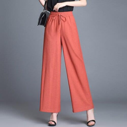 Spring Summer Casual Women Orange Beige Black Elastic High Waisted Loose Linen Pants , Fall 3xl Female Woman Wide Leg Trousers