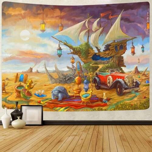 Simsant Cartoon Kids Tapestry Sailboat Island Airship Art Wall Hanging Tapestries for Living Room Home Blanket Dorm Decor