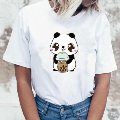 Summer Short Sleeve Tee Shirt Femme Funny Pearl Milk Tea Panda Print T Shirt Women Tops Casual Harajuku Tshirt Camiseta Mujer
