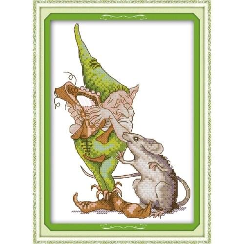 Green Elf and Big Mouse cross stitch kit aida 14ct 11ct count print canvas stitches embroidery DIY handmade needlework