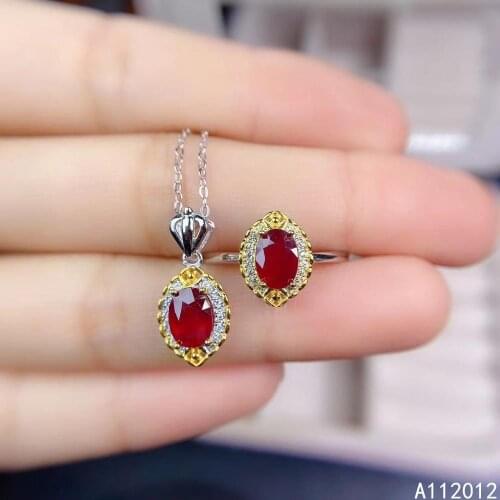 KJJEAXCMY fine jewelry natural Ruby 925 sterling silver fashion girl new pendant necklace chain ring set support test