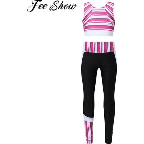2Pcs Kids Girls Sport Suit Dance Outfits Costumes Sleeveless Racer Back Stripes Running Sport Vest Top High Waist Pants Leggings