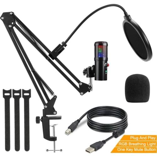 RGB USB Microphone Gaming Professional Studio Condenser 192Khz/24Bit Mic for Pc Computer Youtube With Pop Filter Boom Arm Stand