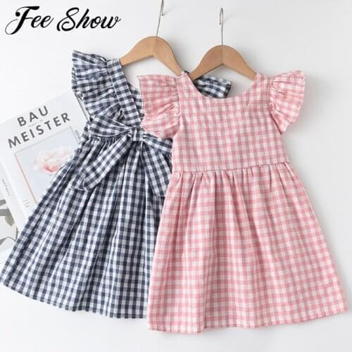 FEESHOW Girls Casual Dress New Summer Kids Sleeveless Costume Sweet Plaid Dresses Children Bow-knot Clothing Suits 1-6 Years