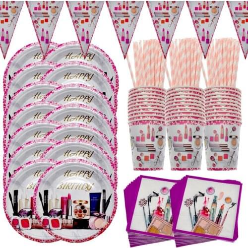 SPA Cosmetics Theme Girl Birthday Party Supplies Wedding Event Decoration Disposable Tableware Paper Cup Plate Napkin Flag set