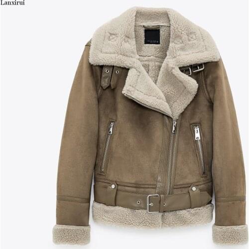 2020 new womens wear thick warm winter retro suede lambs wool motorcycle jacket belt leisure loose man-made leather jackets