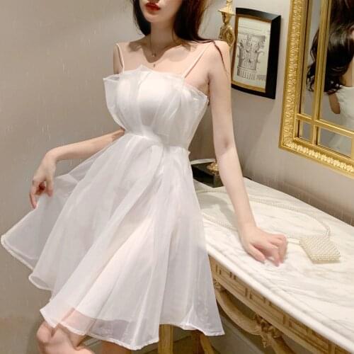 LLZACOOSH New Summer Women Slim Mini Spaghetti Straps Sleeveless Vintage Solid Organza White Pink A Line Casual Dresses